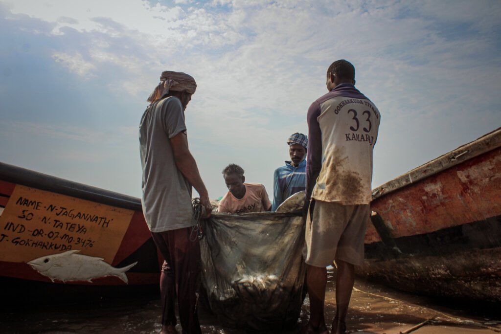 Fishermen standing hauling their catch to the shore.